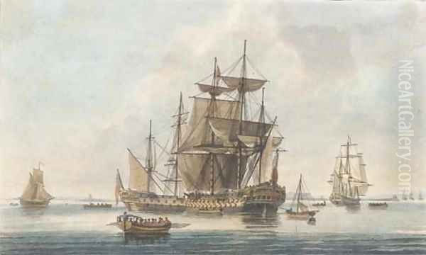 A calm at the entrance into Portsmouth, by J. Clark and J. Harribal Oil Painting by Dominic Serres