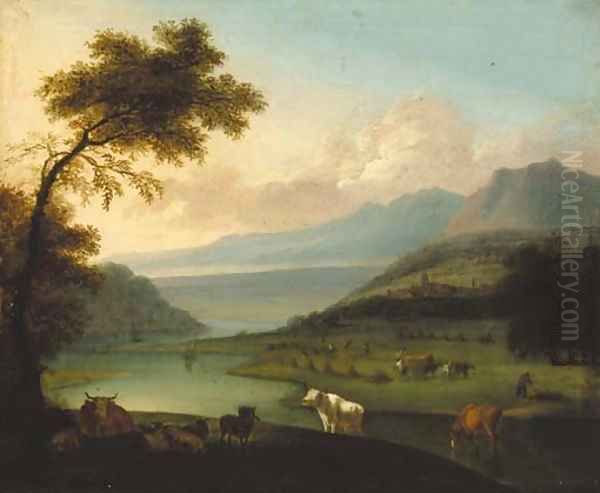 Cattle in an extensive river landscape, harvesters beyond Oil Painting by Jan Siberechts