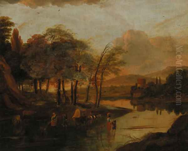 Peasants fording a river Oil Painting by Jan Siberechts