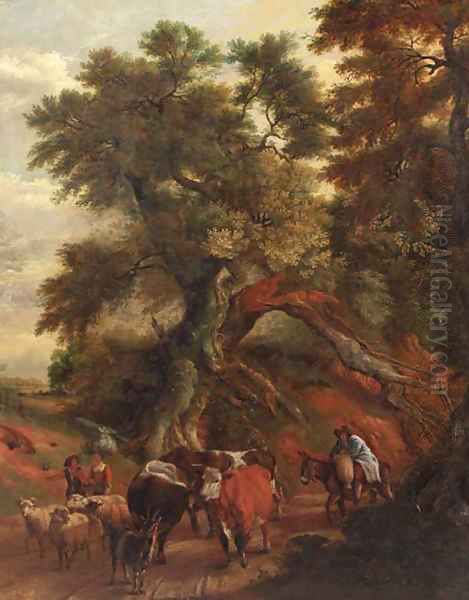 Peasants with cattle and flock returning from market on a country road Oil Painting by Jan Siberechts