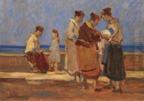 Donne In Riva Al Mare Oil Painting by Ludovico Tommasi