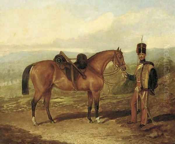 A hussar with his mount in an extensive landscape Oil Painting by Samuel Spode