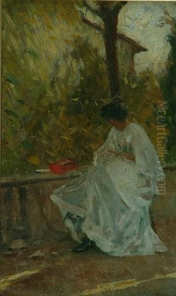 A Woman Seated In A Garden Terrace Oil Painting by Ludovico Tommasi