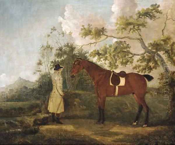 A bay hunter with a groom in a landscape Oil Painting by Thomas Spencer