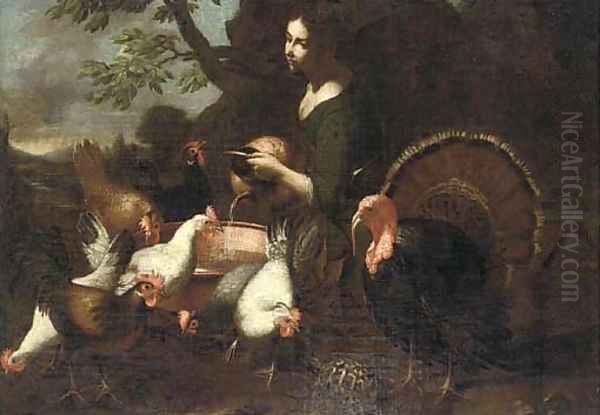 A girl watering chickens and cocks in a landscape, a turtle in the foreground Oil Painting by Tommaso Salini (Mao)