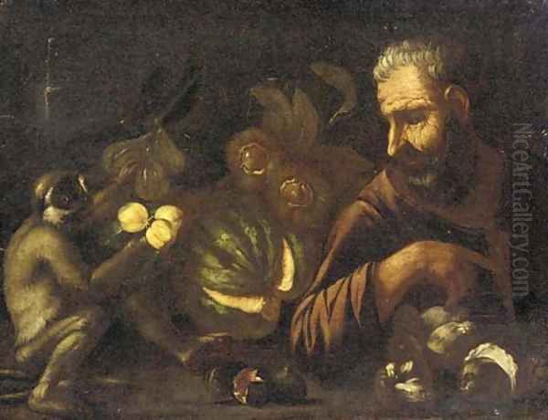 A man and a monkey with a melon, figs, mushrooms and peaches on a table Oil Painting by Tommaso Salini (Mao)