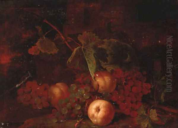 Grapes, peaches with vine leaves on a bank Oil Painting by Tommaso Salini (Mao)