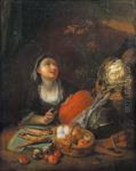 La Marchande De Poissons, De 
Legumes, D'oeufs Et De Fruits, Observant Deux Petits Oiseaux Se 
Becquetant Sur Une Branche Oil Painting by Jacob Van Toorenvliet