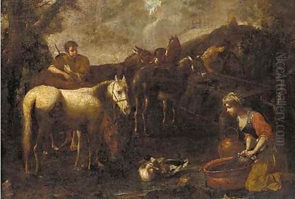 A drover with horses and donkeys stopped at a watering trough, a washerwoman kneeling nearby Oil Painting by Tommaso Salini (Mao)