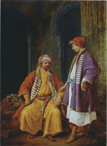 Two Turkish Merchants Conversing Oil Painting by Jacob Van Toorenvliet