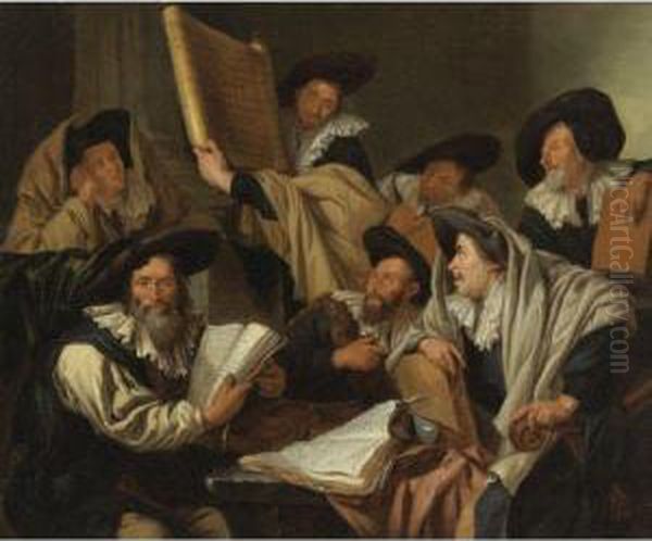 Rabbinical Discussion Oil Painting by Jacob Van Toorenvliet