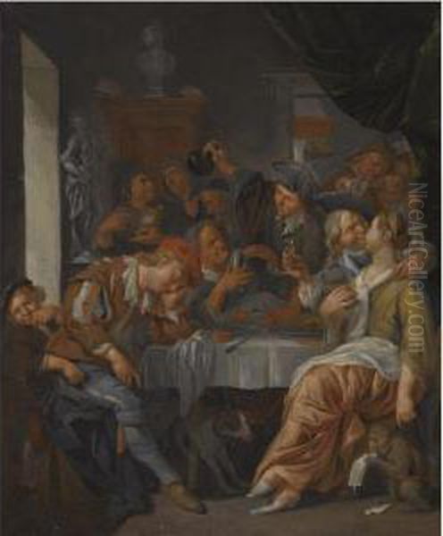 An Interior With Figures Eating And Drinking Around A Table Oil Painting by Jacob Van Toorenvliet