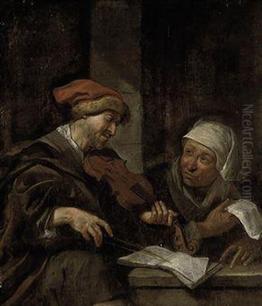 Two Figures Making Music In An Interior Oil Painting by Jacob Van Toorenvliet