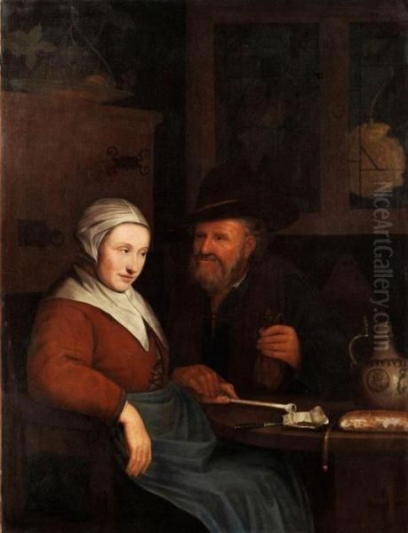 Eine Junge Magd, Von Einem Alten Mitgeldsack Begehrt Oil Painting by Jacob Van Toorenvliet