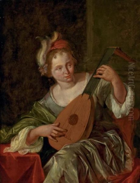 A Lady Playing A Lute Oil Painting by Jacob Van Toorenvliet