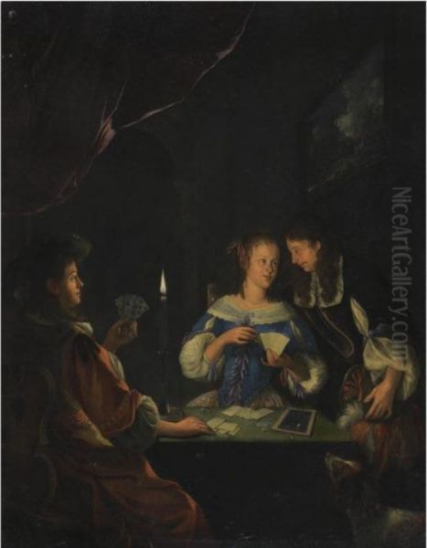 A Nocturnal Interior With Card Players Oil Painting by Jacob Van Toorenvliet