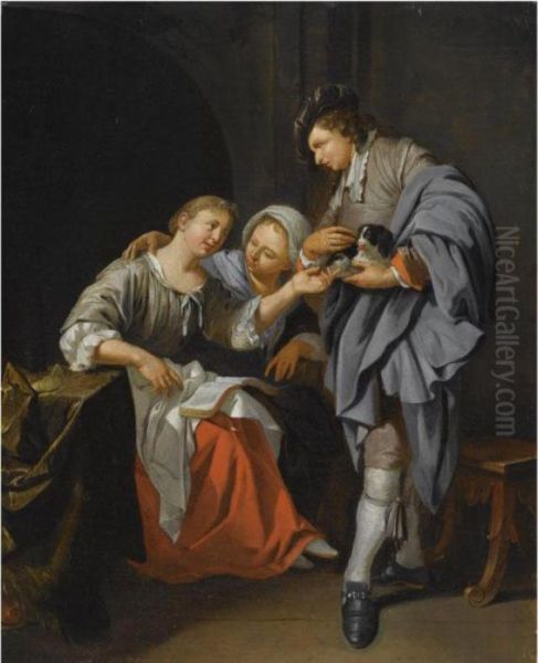 An Interior Scene With Two 
Seated Women Conversing With A Standingyoung Man, Elegantly Dressed, 
Holding A Dog Oil Painting by Jacob Van Toorenvliet