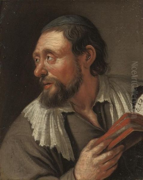 A Rabbi, Bust-length, With A Torah In His Right Hand Oil Painting by Jacob Van Toorenvliet