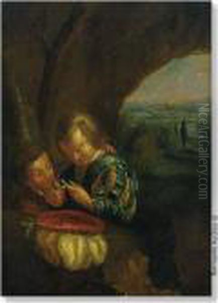 Van Torenvliet Circle. Children With Bird In A Cave. Panel Oil Painting by Jacob Van Toorenvliet