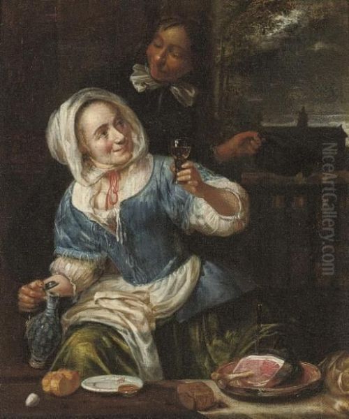 A Gentleman Courting A Maid In A Kitchen Interior Oil Painting by Jacob Van Toorenvliet