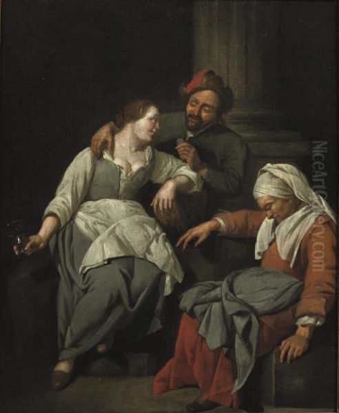 A Couple Embracing, A Procuress Asleep Nearby Oil Painting by Jacob Van Toorenvliet