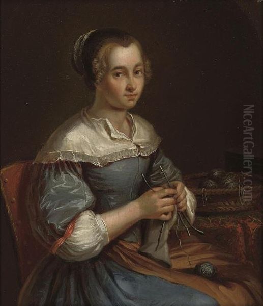 Portrait Of A Young Woman, Half-length, Seated In A Blue Dress, Sewing At A Table Oil Painting by Jacob Van Toorenvliet