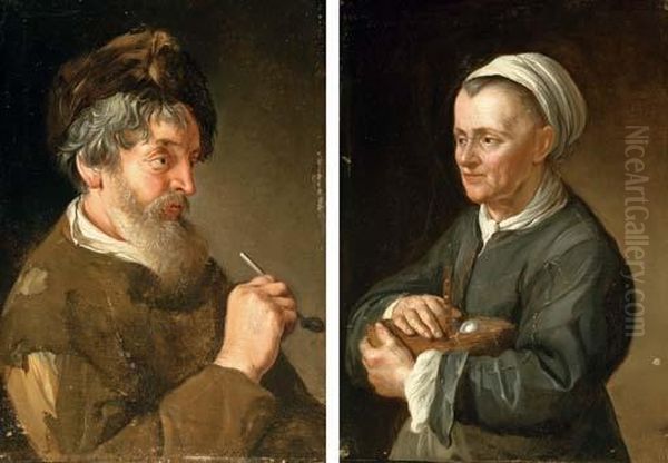 Portrait Of A Bearded Man 
Holding A Pipe; And Portrait Of A Woman Holding A Basket Of Eggs Oil Painting by Jacob Van Toorenvliet