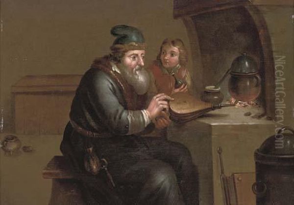 An Alchimist With His Apprentice By A Fire Oil Painting by Jacob Van Toorenvliet