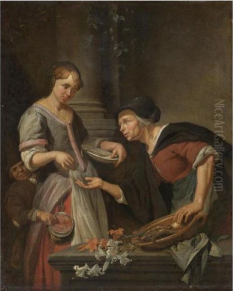 A Market Scene With A Young Lady Paying For Some Fish, A Boy Picking Her Purse Behind Oil Painting by Jacob Van Toorenvliet