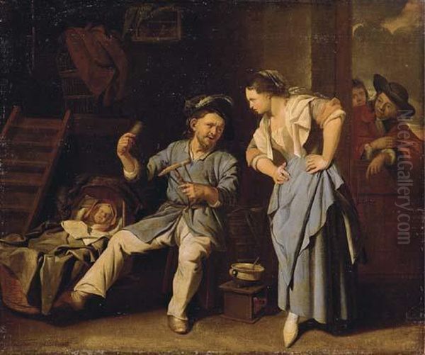 A Man Spinning Yarn With A Peasant Woman And A Baby In A Wicker Cot Oil Painting by Jacob Van Toorenvliet