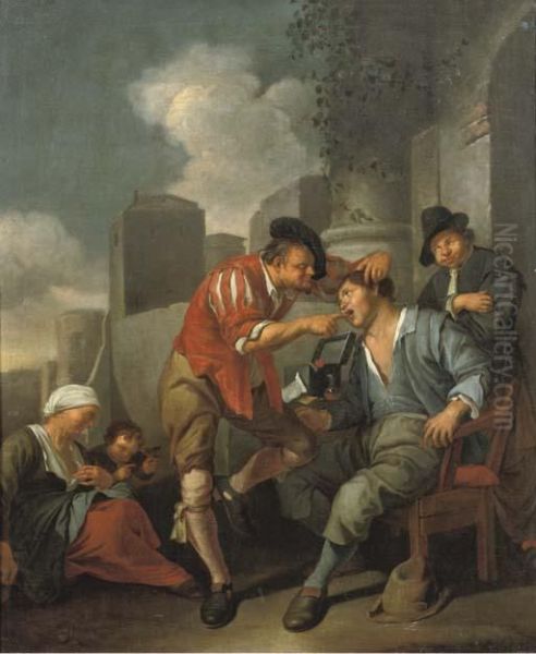 A Dentist At Work Outside An Archway Oil Painting by Jacob Van Toorenvliet