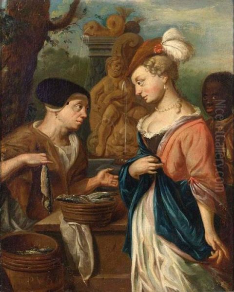 A Woman Selling Herring To An Elegant Lady And Her Servant, A Fountain Beyond Oil Painting by Jacob Van Toorenvliet