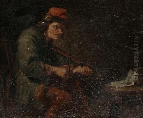 A Man, Seated, Playing A Fiddle. Oil Painting by Jacob Van Toorenvliet