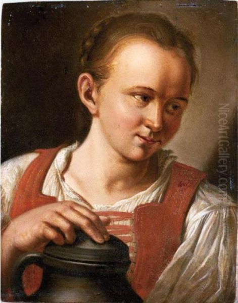 A Girl Holding A Jug Oil Painting by Jacob Van Toorenvliet