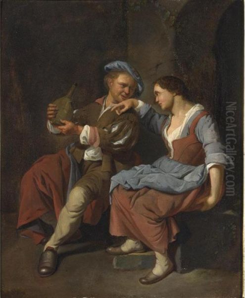 A Maid With A Young Man Asleep In A Tavern Oil Painting by Jacob Van Toorenvliet