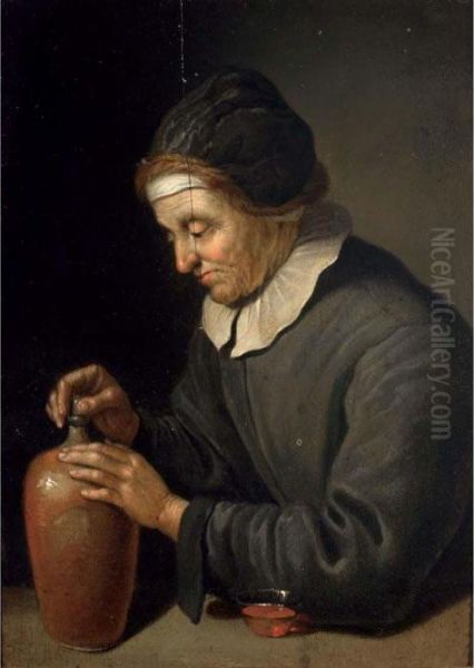 An Elderly Woman Corking A Wine Jug Oil Painting by Jacob Van Toorenvliet