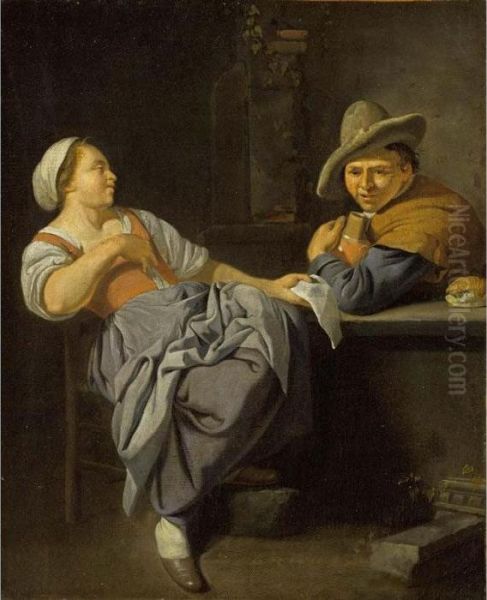 A Couple Sitting At A Table In An Inn Oil Painting by Jacob Van Toorenvliet