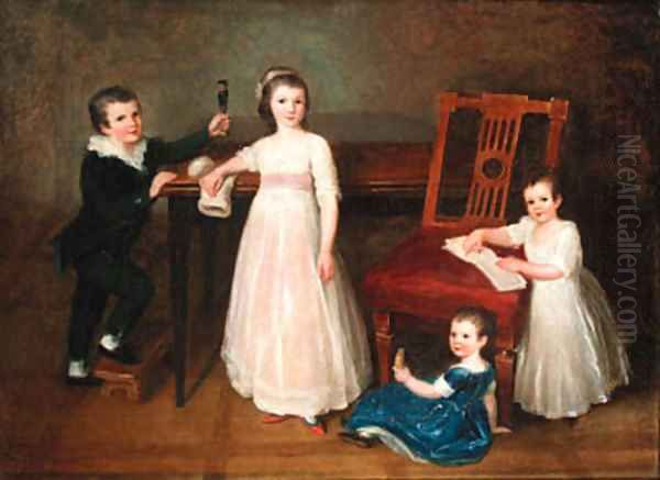 Group portrait of the Bondely children Albert, Justine, Sophie and Emilie Bondely Oil Painting by Alexander Speissegger