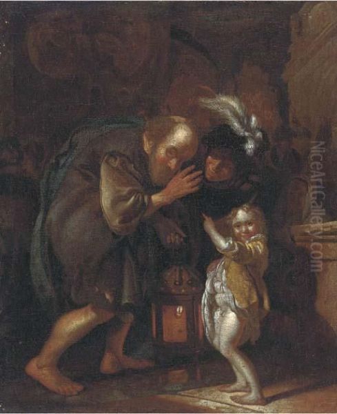 An Old Man Holding A Lantern Oil Painting by Jacob Van Toorenvliet