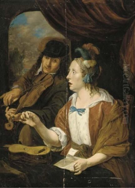 An Elegant Couple Making Music In An Interior Oil Painting by Jacob Van Toorenvliet