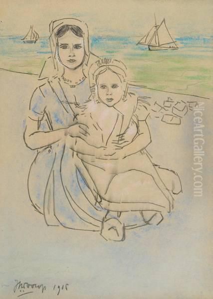 Mere Et Enfant Surfond Marin Oil Painting by Jan Toorop