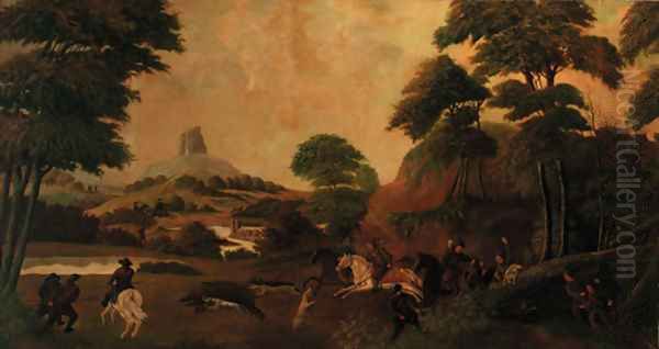 An extensive landscape with a boar hunt by East European School