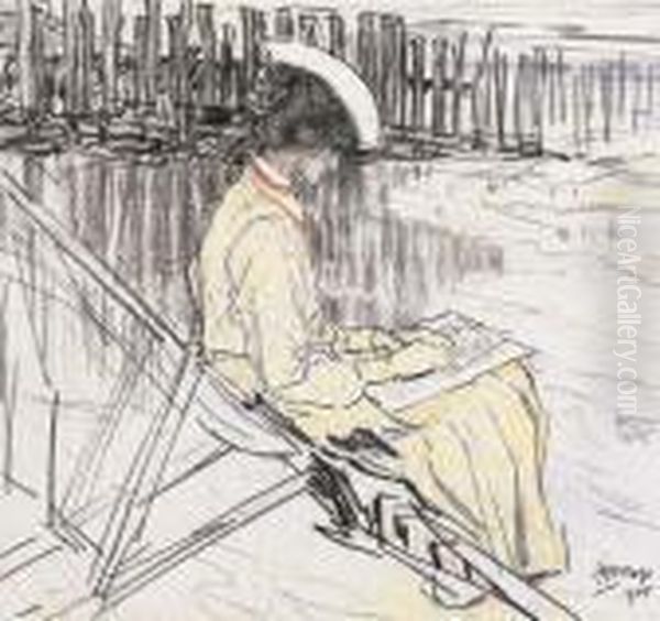 Portrait D'emma Bellwidt Sur La Plage De Domburg Oil Painting by Jan Toorop