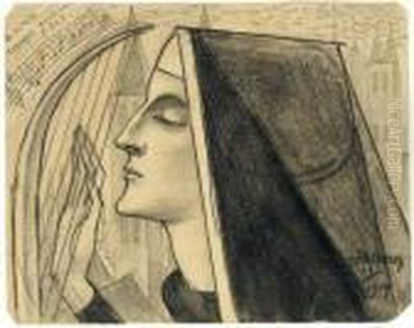 A Nun Playing A Harp Oil Painting by Jan Toorop