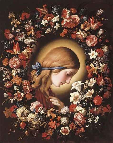 The Virgin Annunciate surrounded by a garland of flowers Oil Painting by Giovanni Battista Salvi, Il Sassoferrato