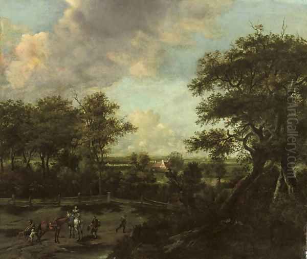 An extensive landscape with horsemen and travellers near the edge of a wood Oil Painting by Haarlem School