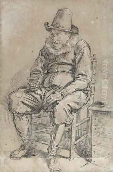 A seated man wearing a hat holding a roemer Oil Painting by Haarlem School