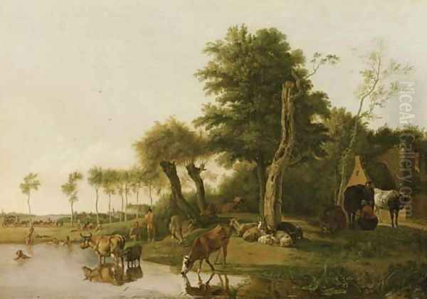 Het spiegelende koetje a milkmaid conversing with a peasant by a farmhouse, with cattle watering and sheep and goats by a tree, swimmers beyond Oil Painting by Hendrick Willelm Schweickhardt