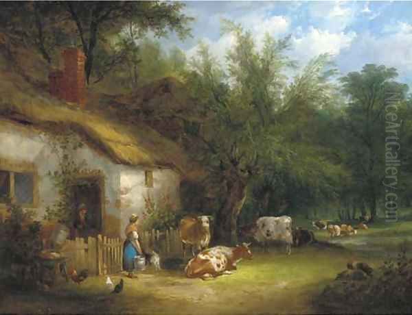 A milkmaid and cattle by a cottage gate Oil Painting by Henry Shayer