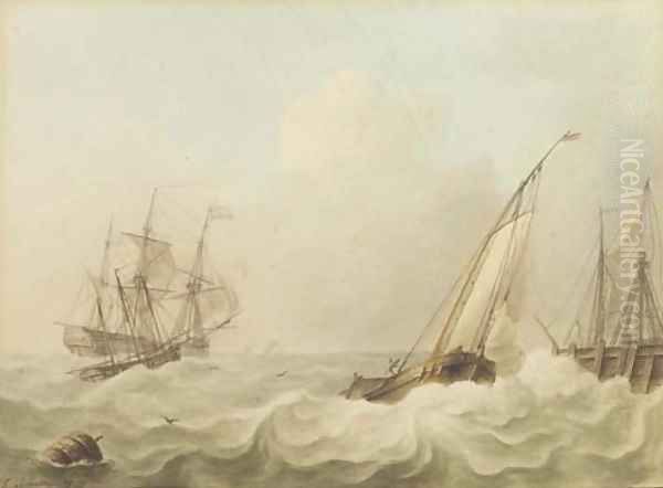 Shipping in heavy sea, a breakwater to the right Oil Painting by Isaak Schouman